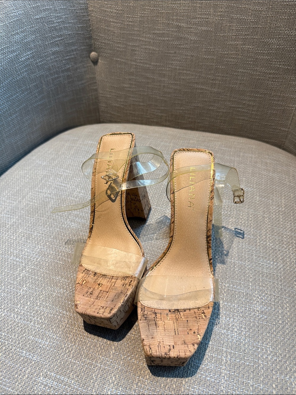Liliana Clear Strap Cork Platform Block Heels - Natural